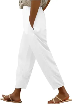 Women Linen Blend Summer Print Pant Trousers Low Waist Straight Loose Fit Pant Trousers Travel