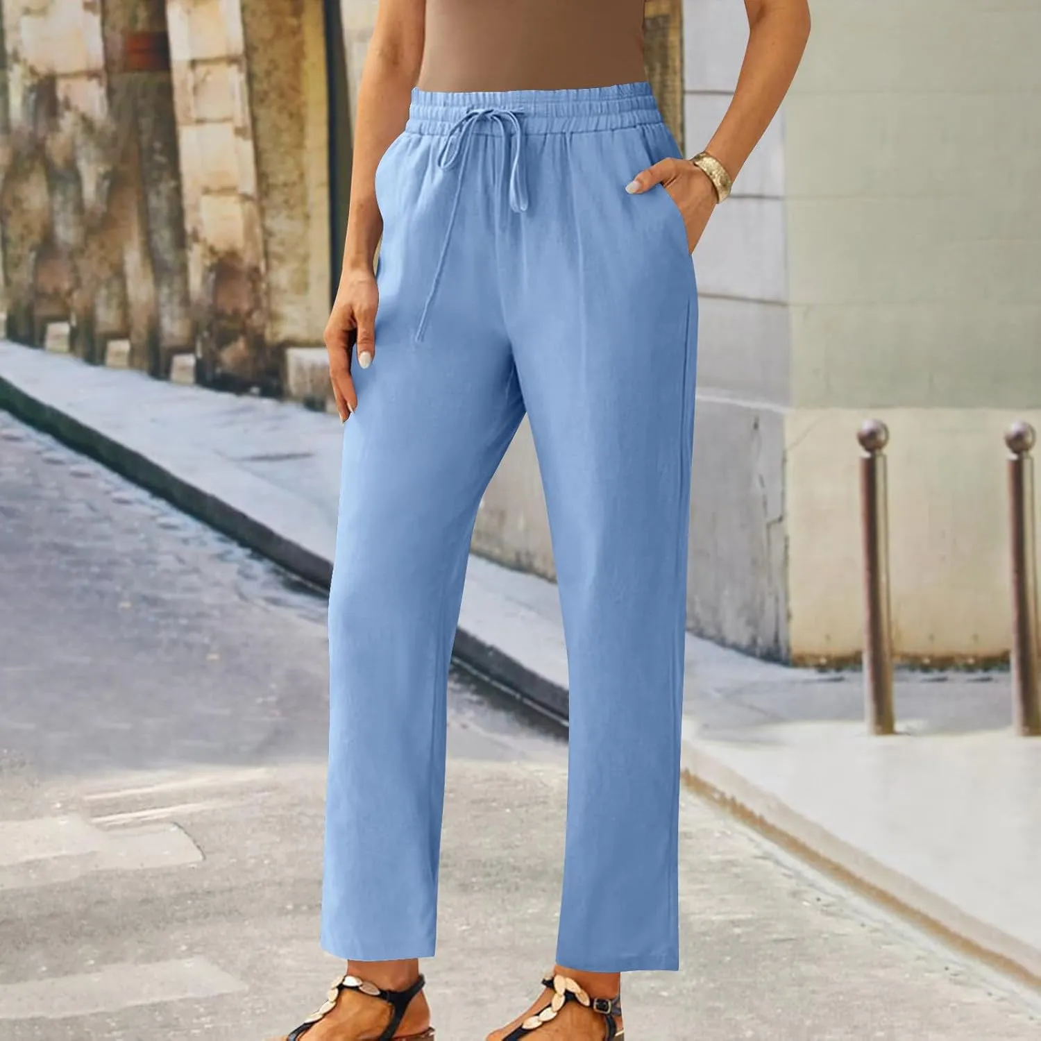 Women Linen Cropped Pants High Waist Comfy Straight Leg Capris Pant Casua Lightweight Loose Ankle Length Work Trousers