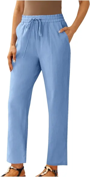 Women Linen Cropped Pants High Waist Comfy Straight Leg Capris Pant Casua Lightweight Loose Ankle Length Work Trousers
