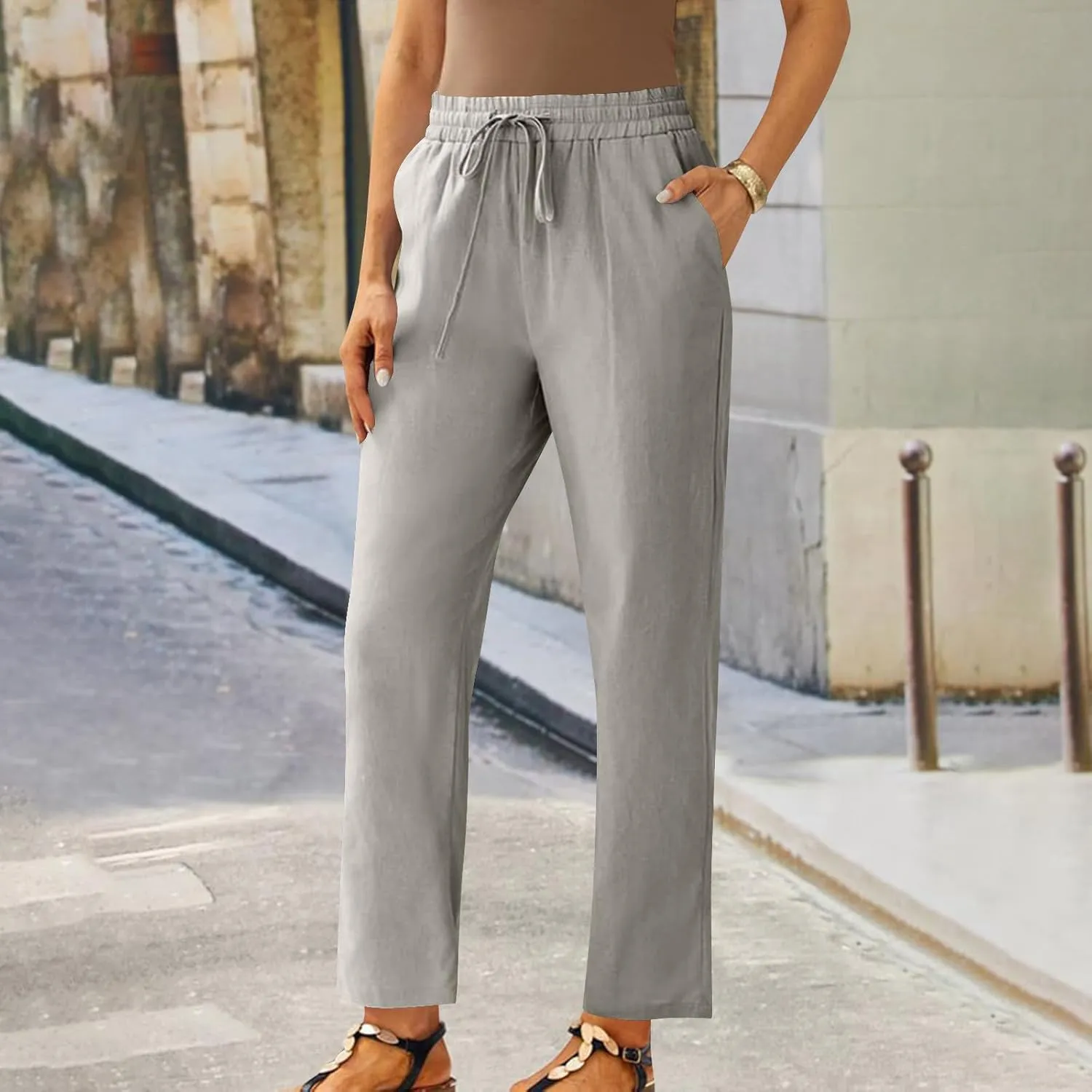 Women Linen Cropped Pants High Waist Comfy Straight Leg Capris Pant Casua Lightweight Loose Ankle Length Work Trousers