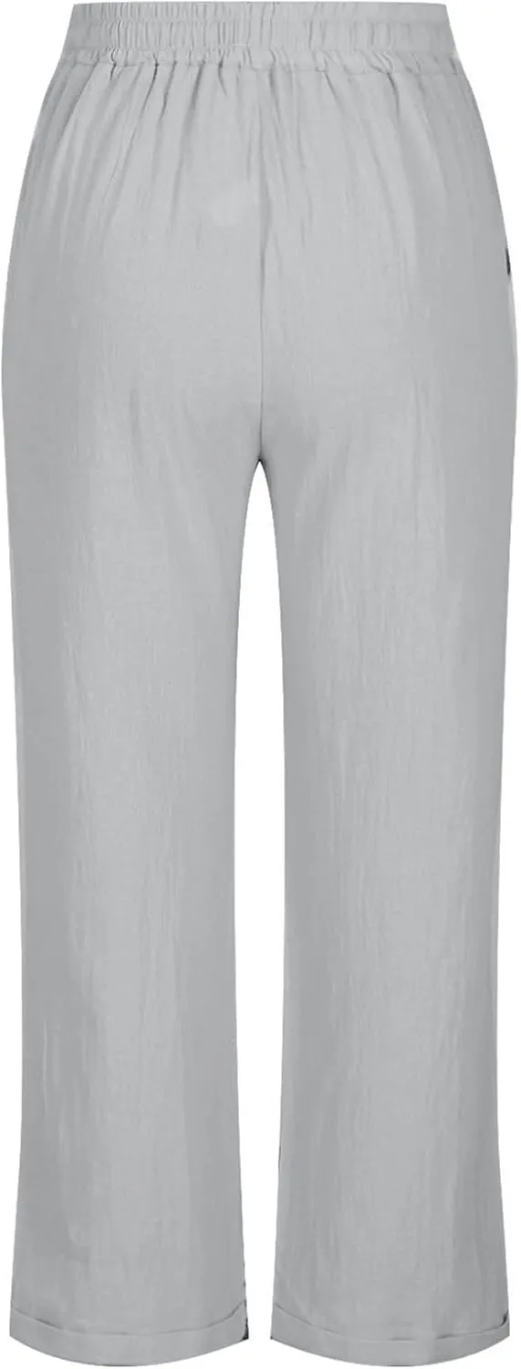 Women Linen Cropped Pants High Waist Comfy Straight Leg Capris Pant Casua Lightweight Loose Ankle Length Work Trousers