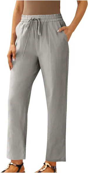 Women Linen Cropped Pants High Waist Comfy Straight Leg Capris Pant Casua Lightweight Loose Ankle Length Work Trousers