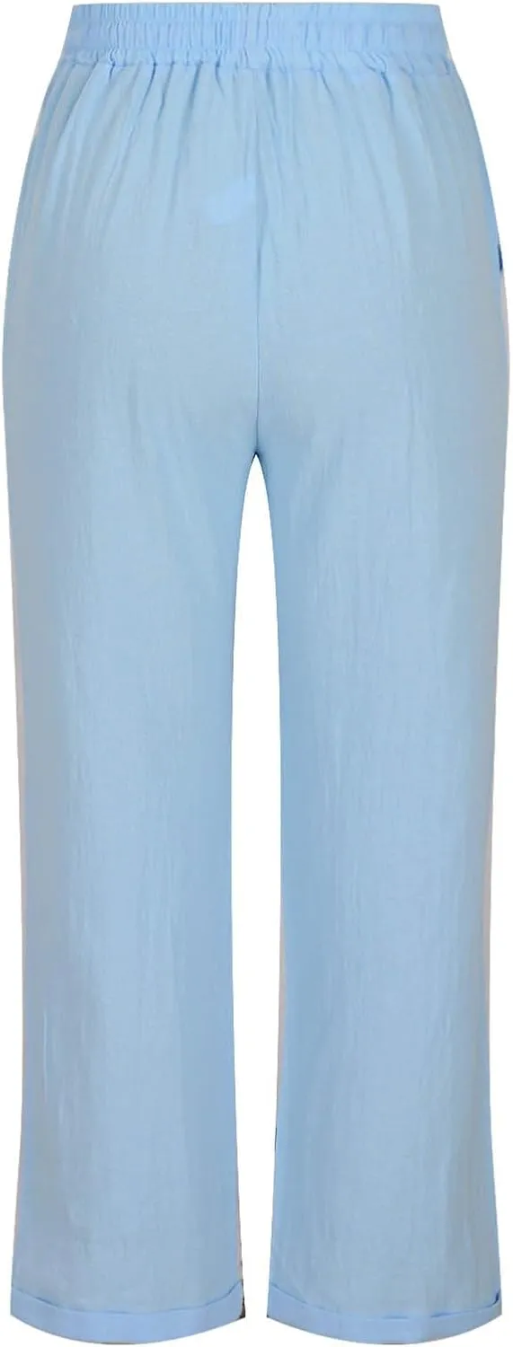 Women Linen Cropped Pants High Waist Comfy Straight Leg Capris Pant Casua Lightweight Loose Ankle Length Work Trousers