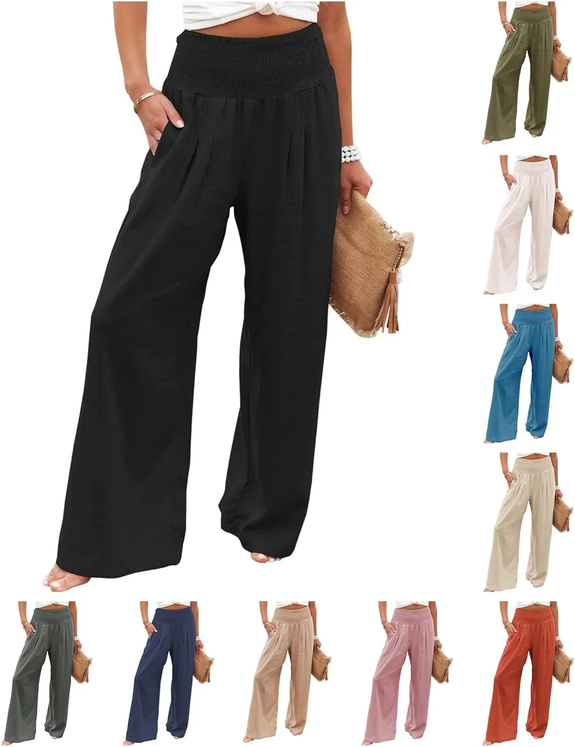 Women Linen Palazzo Pants Summer High Waisted Pants Wide Leg Long Lounge Pant Vacation Casual Trousers with Pocket