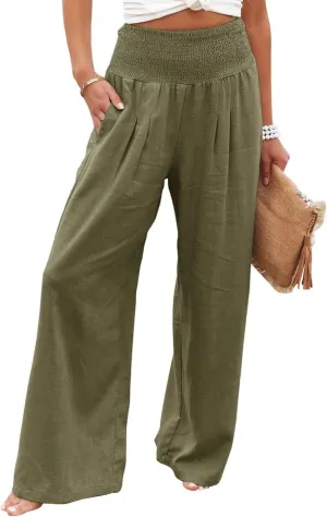 Women Linen Palazzo Pants Summer High Waisted Pants Wide Leg Long Lounge Pant Vacation Casual Trousers with Pocket