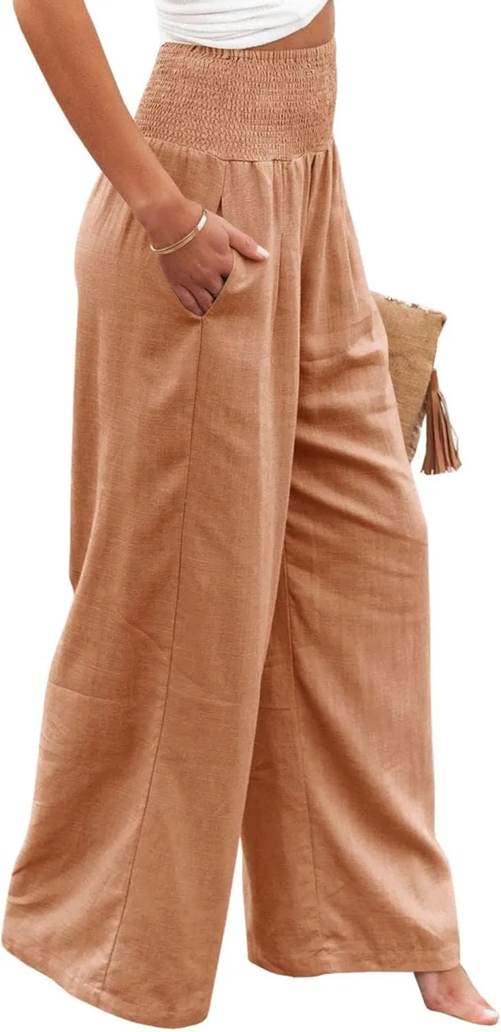 Women Linen Palazzo Pants Summer High Waisted Pants Wide Leg Long Lounge Pant Vacation Casual Trousers with Pocket