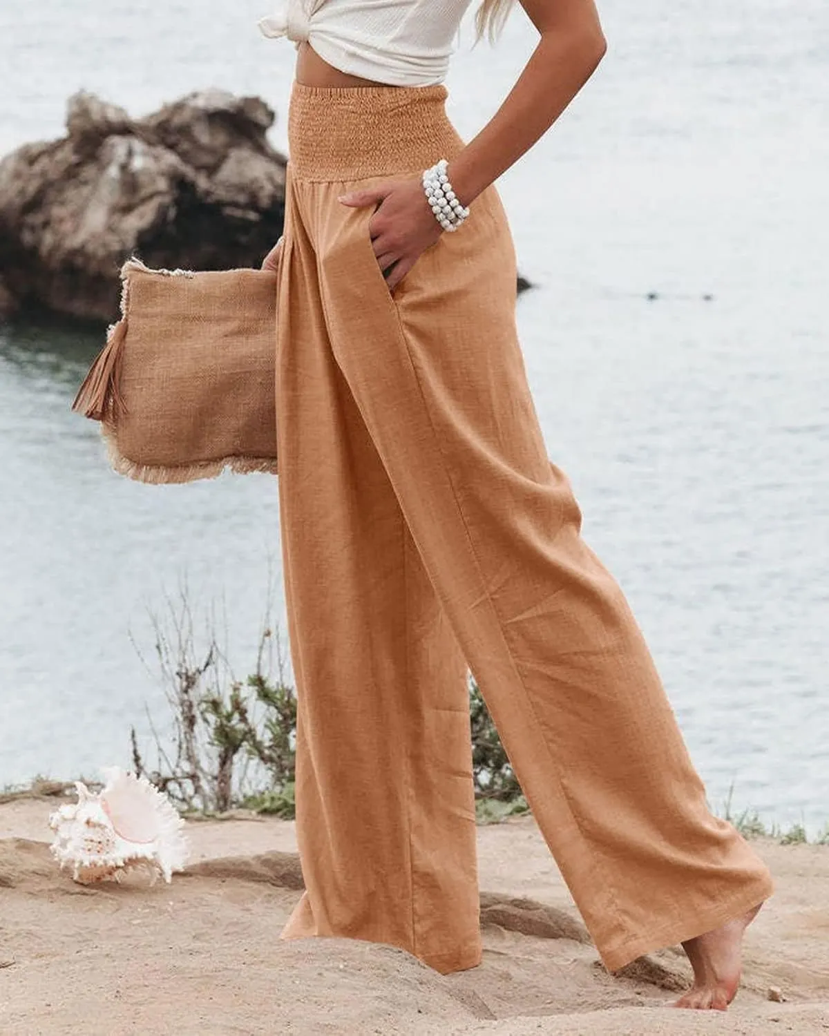 Women Linen Palazzo Pants Summer High Waisted Pants Wide Leg Long Lounge Pant Vacation Casual Trousers with Pocket