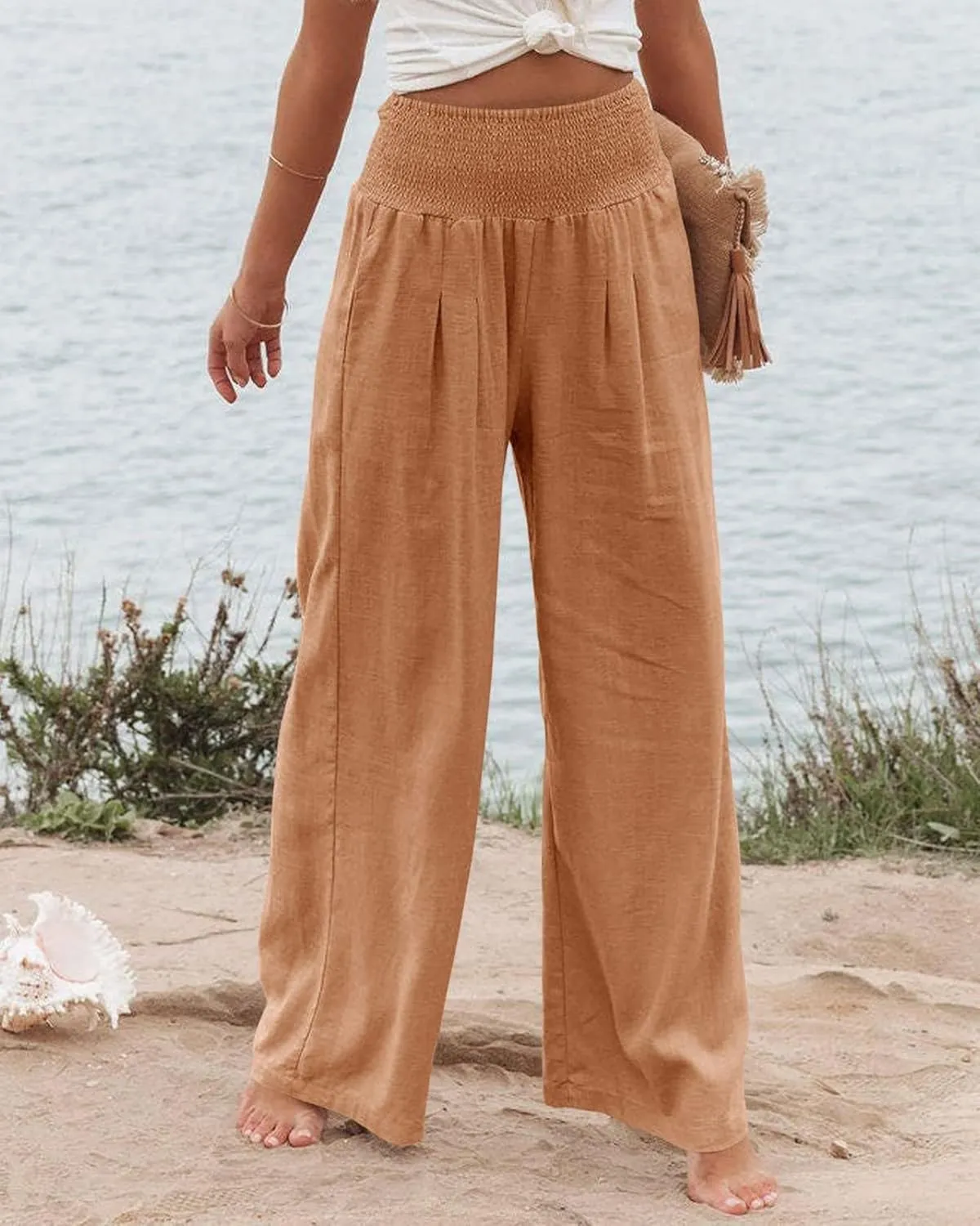 Women Linen Palazzo Pants Summer High Waisted Pants Wide Leg Long Lounge Pant Vacation Casual Trousers with Pocket