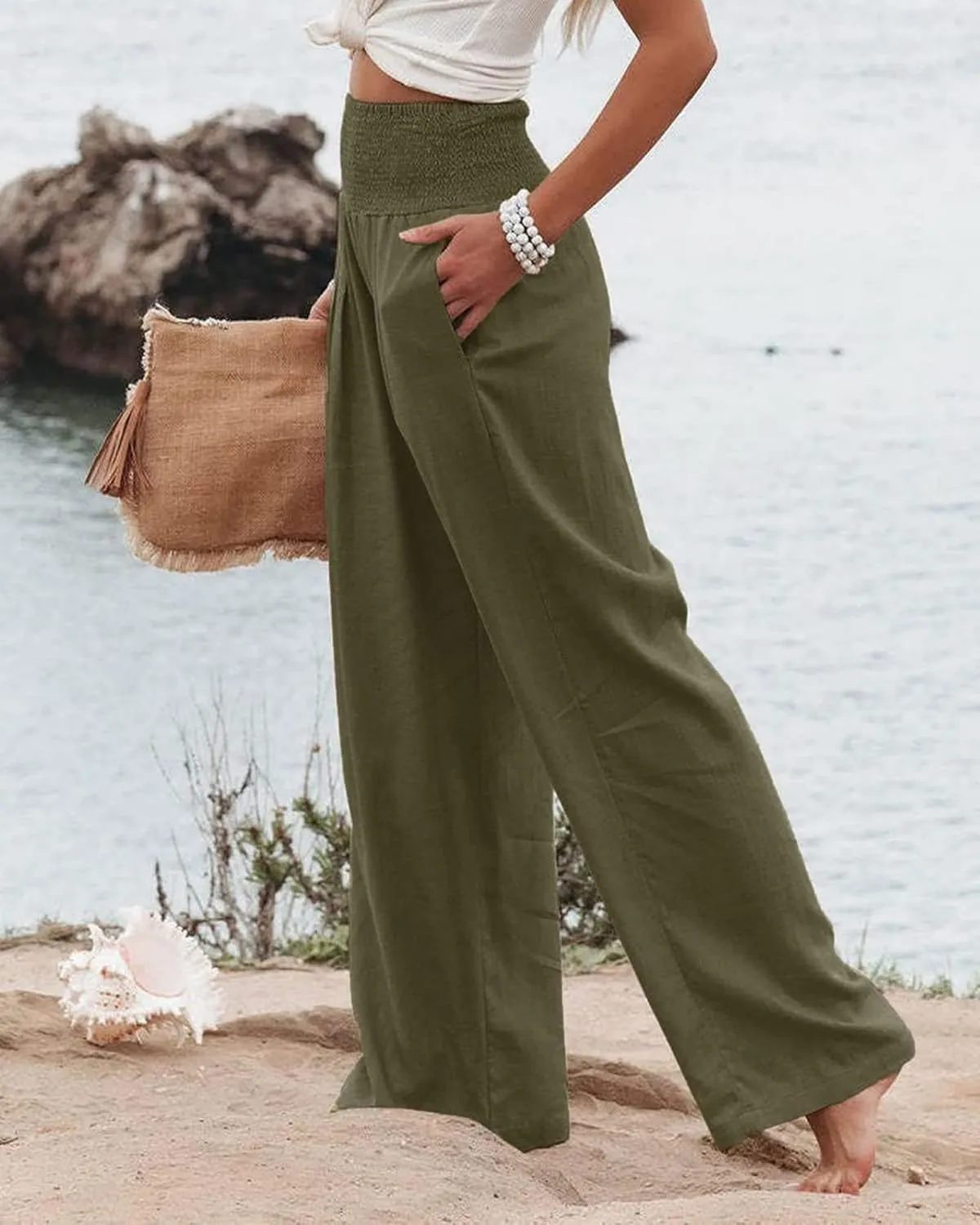 Women Linen Palazzo Pants Summer High Waisted Pants Wide Leg Long Lounge Pant Vacation Casual Trousers with Pocket