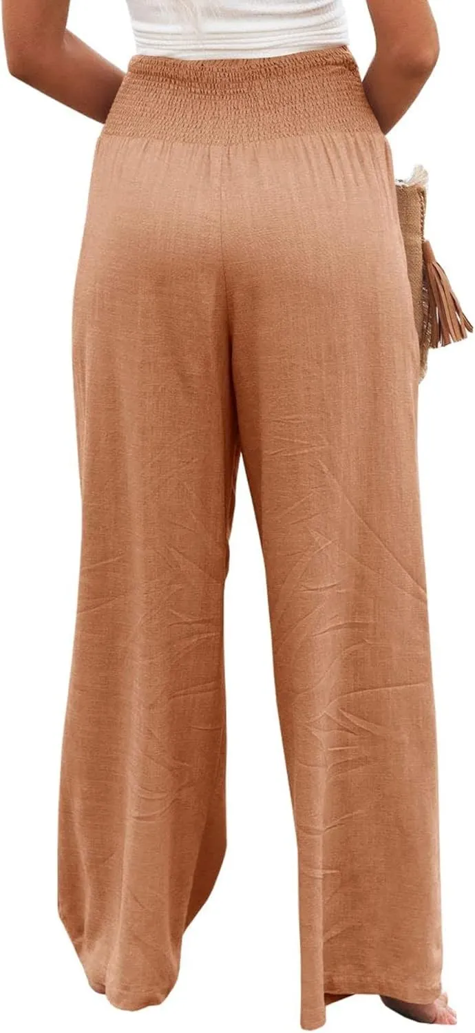 Women Linen Palazzo Pants Summer High Waisted Pants Wide Leg Long Lounge Pant Vacation Casual Trousers with Pocket