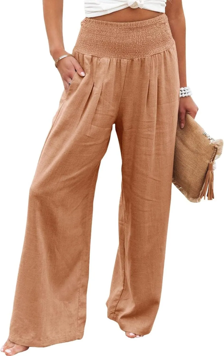 Women Linen Palazzo Pants Summer High Waisted Pants Wide Leg Long Lounge Pant Vacation Casual Trousers with Pocket