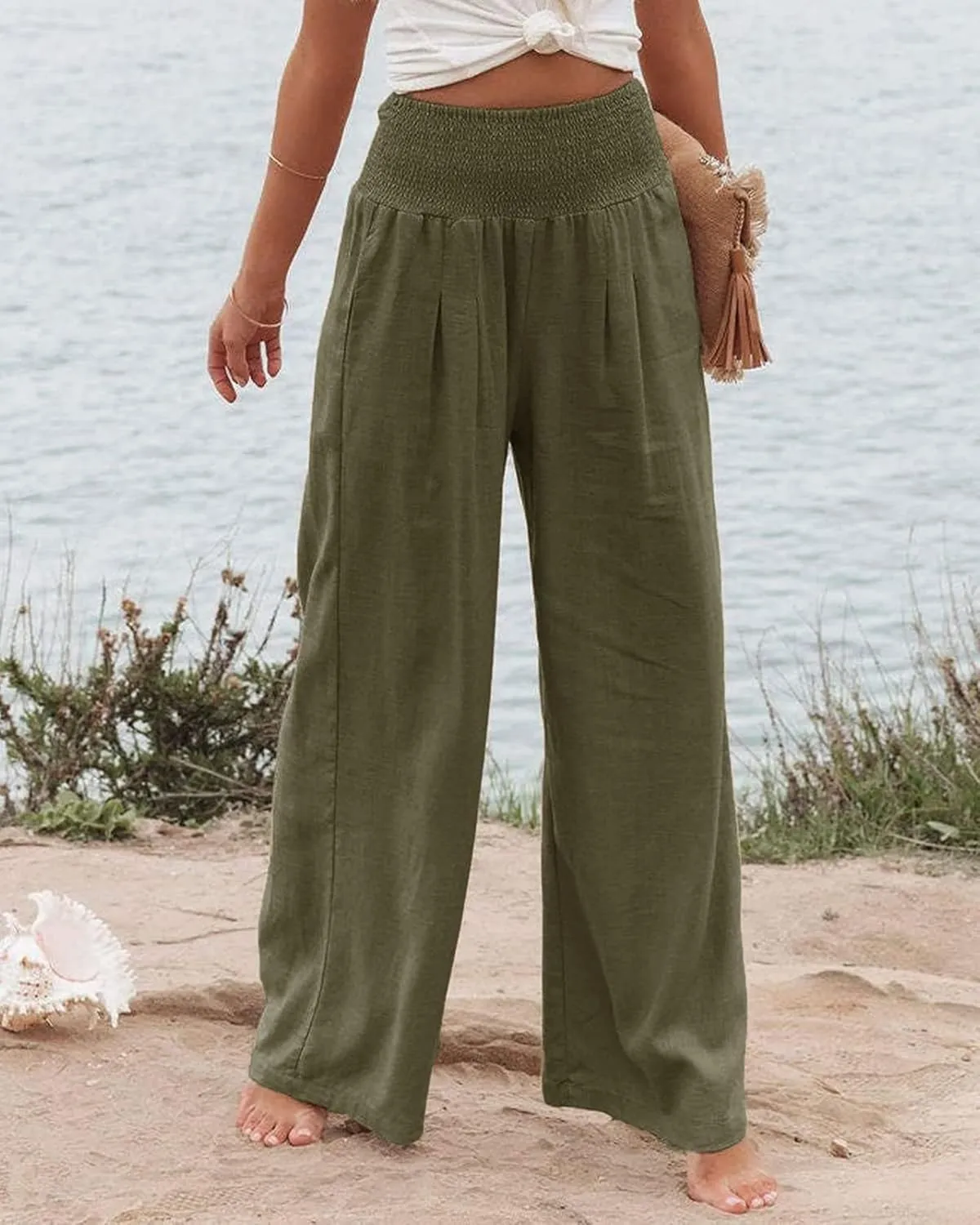 Women Linen Palazzo Pants Summer High Waisted Pants Wide Leg Long Lounge Pant Vacation Casual Trousers with Pocket