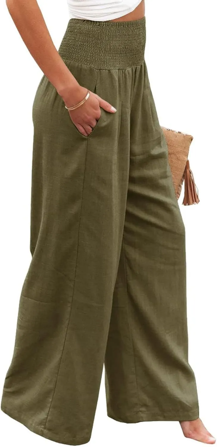 Women Linen Palazzo Pants Summer High Waisted Pants Wide Leg Long Lounge Pant Vacation Casual Trousers with Pocket