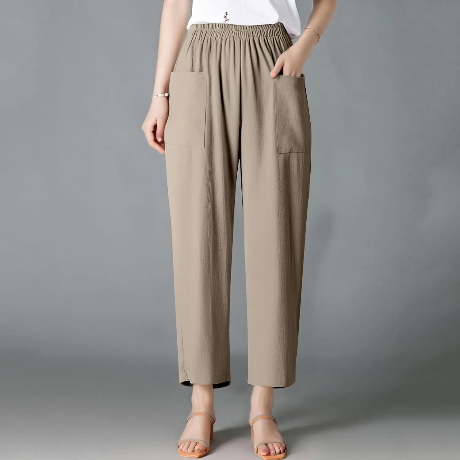 Women Linen Pants Summer High Waist Palazzo Pants Casual Wide Pant Comfy Tummy Control Trousers with Pockets (S-2Xl)