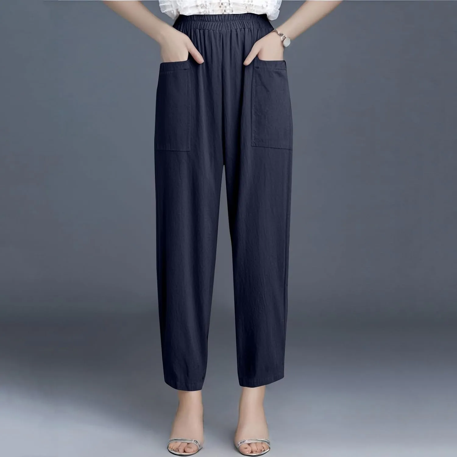 Women Linen Pants Summer High Waist Palazzo Pants Casual Wide Pant Comfy Tummy Control Trousers with Pockets (S-2Xl)
