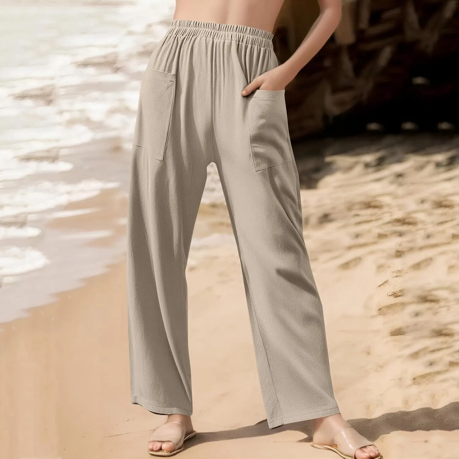 Women Linen Pants Summer High Waist Palazzo Pants Casual Wide Pant Comfy Tummy Control Trousers with Pockets (S-2Xl)