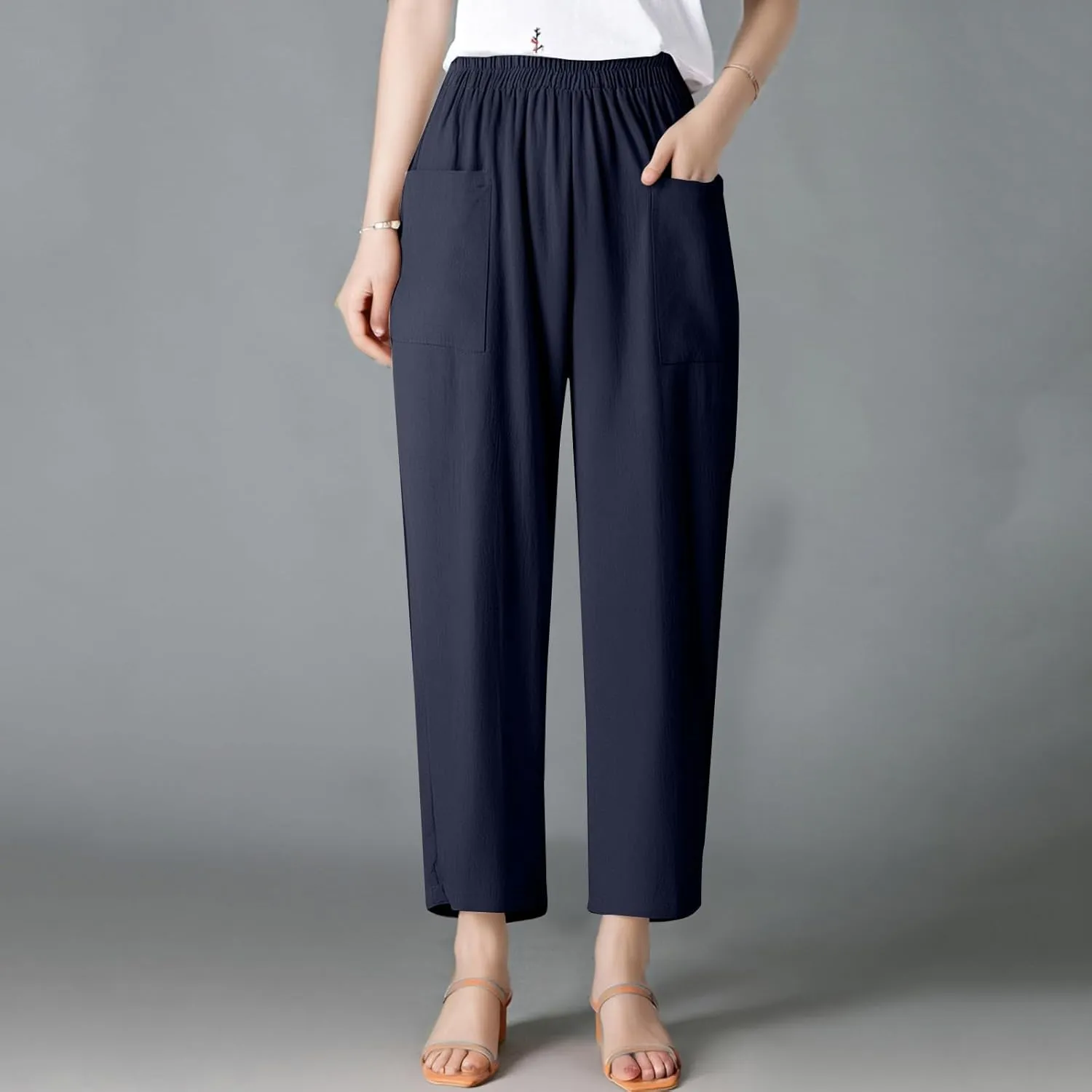 Women Linen Pants Summer High Waist Palazzo Pants Casual Wide Pant Comfy Tummy Control Trousers with Pockets (S-2Xl)