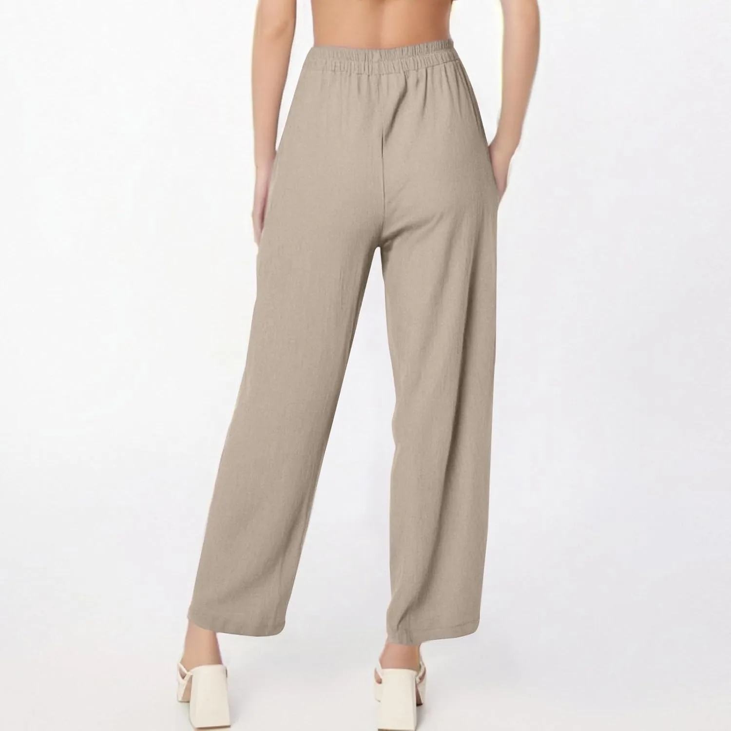 Women Linen Pants Summer High Waist Palazzo Pants Casual Wide Pant Comfy Tummy Control Trousers with Pockets (S-2Xl)
