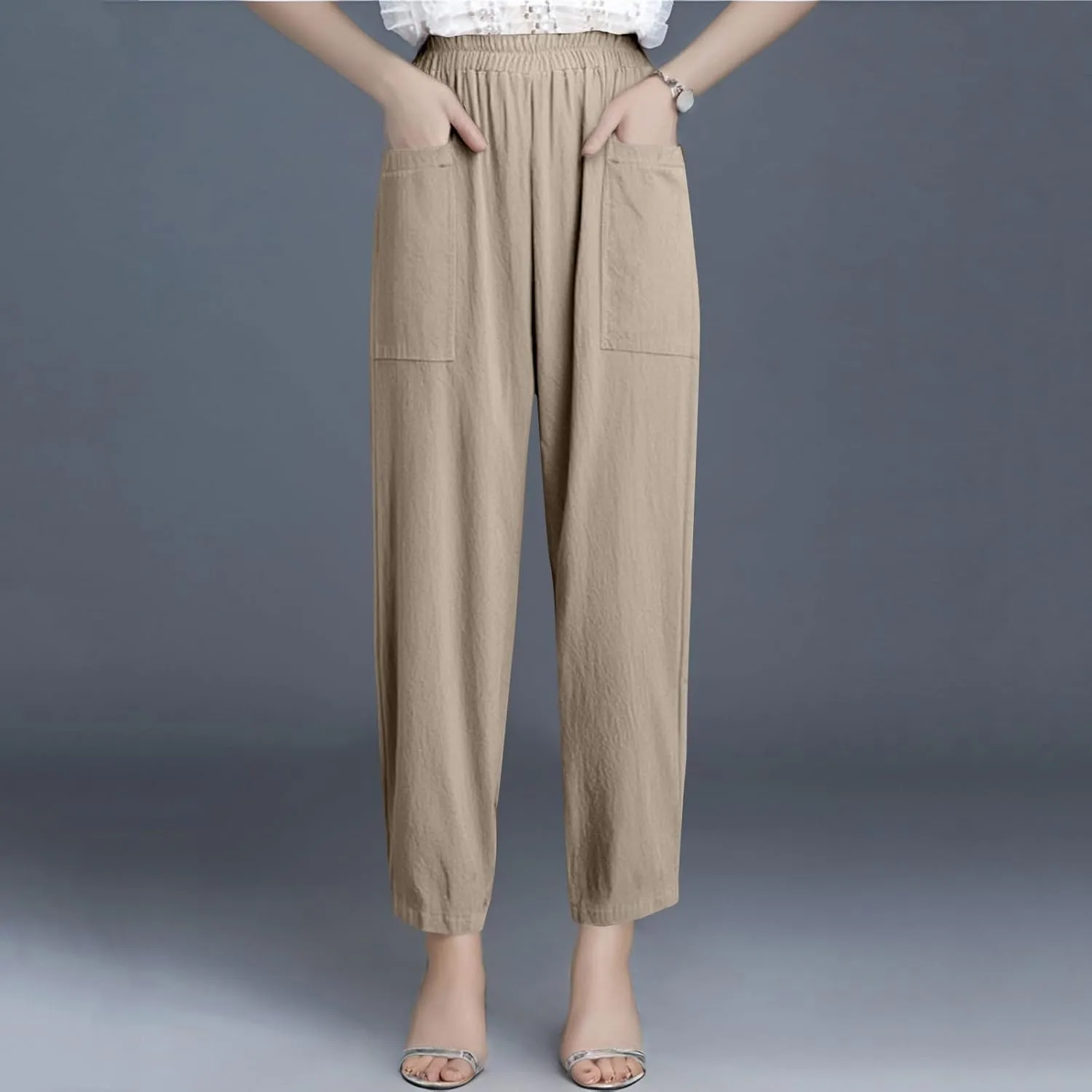 Women Linen Pants Summer High Waist Palazzo Pants Casual Wide Pant Comfy Tummy Control Trousers with Pockets (S-2Xl)