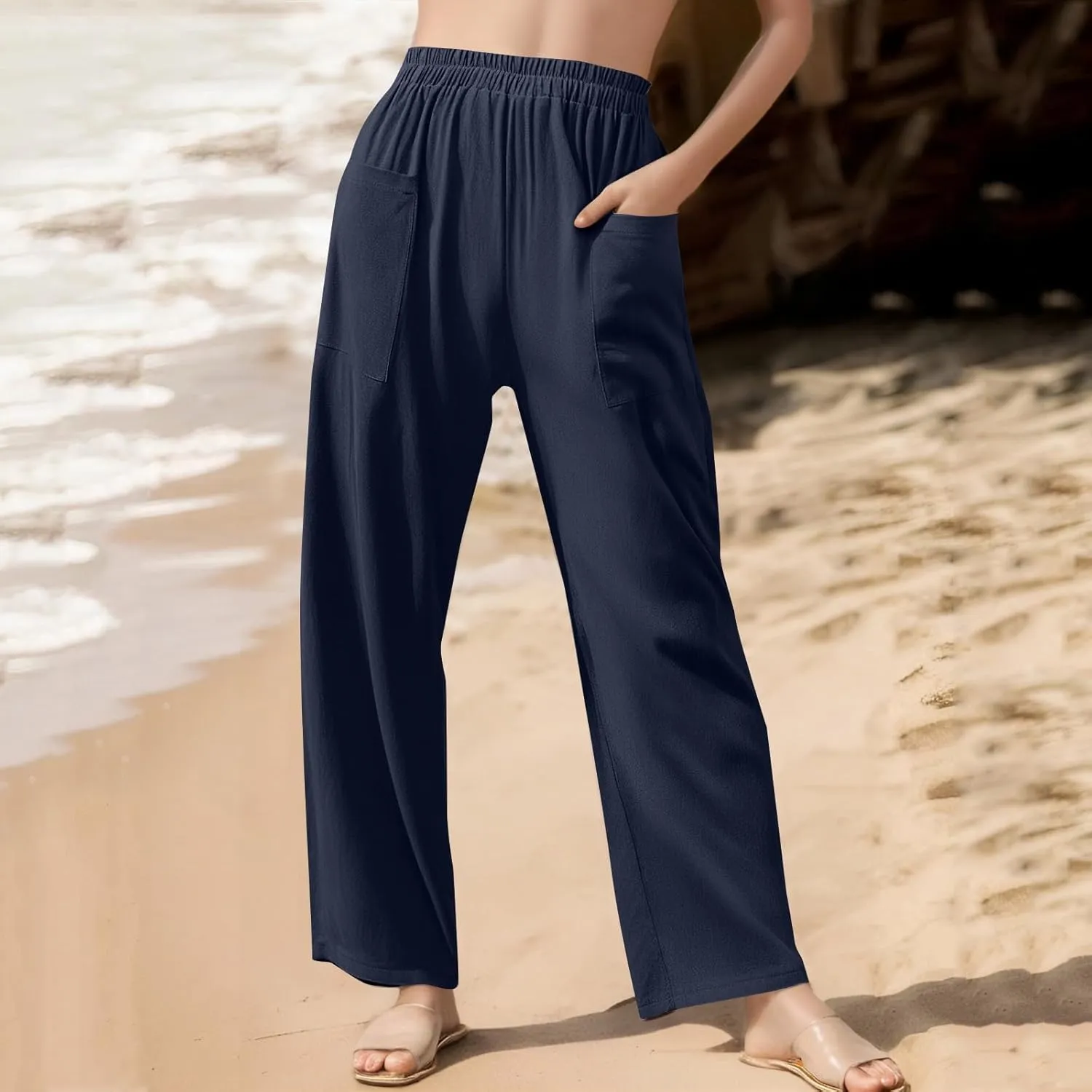 Women Linen Pants Summer High Waist Palazzo Pants Casual Wide Pant Comfy Tummy Control Trousers with Pockets (S-2Xl)