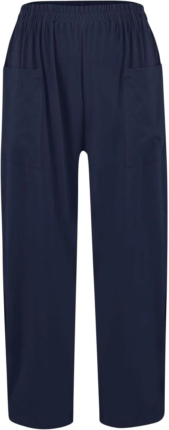 Women Linen Pants Summer High Waist Palazzo Pants Casual Wide Pant Comfy Tummy Control Trousers with Pockets (S-2Xl)