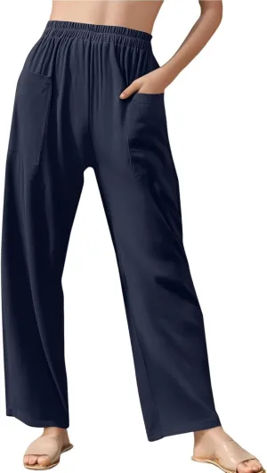 Women Linen Pants Summer High Waist Palazzo Pants Casual Wide Pant Comfy Tummy Control Trousers with Pockets (S-2Xl)