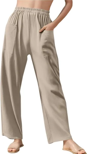 Women Linen Pants Summer High Waist Palazzo Pants Casual Wide Pant Comfy Tummy Control Trousers with Pockets (S-2Xl)