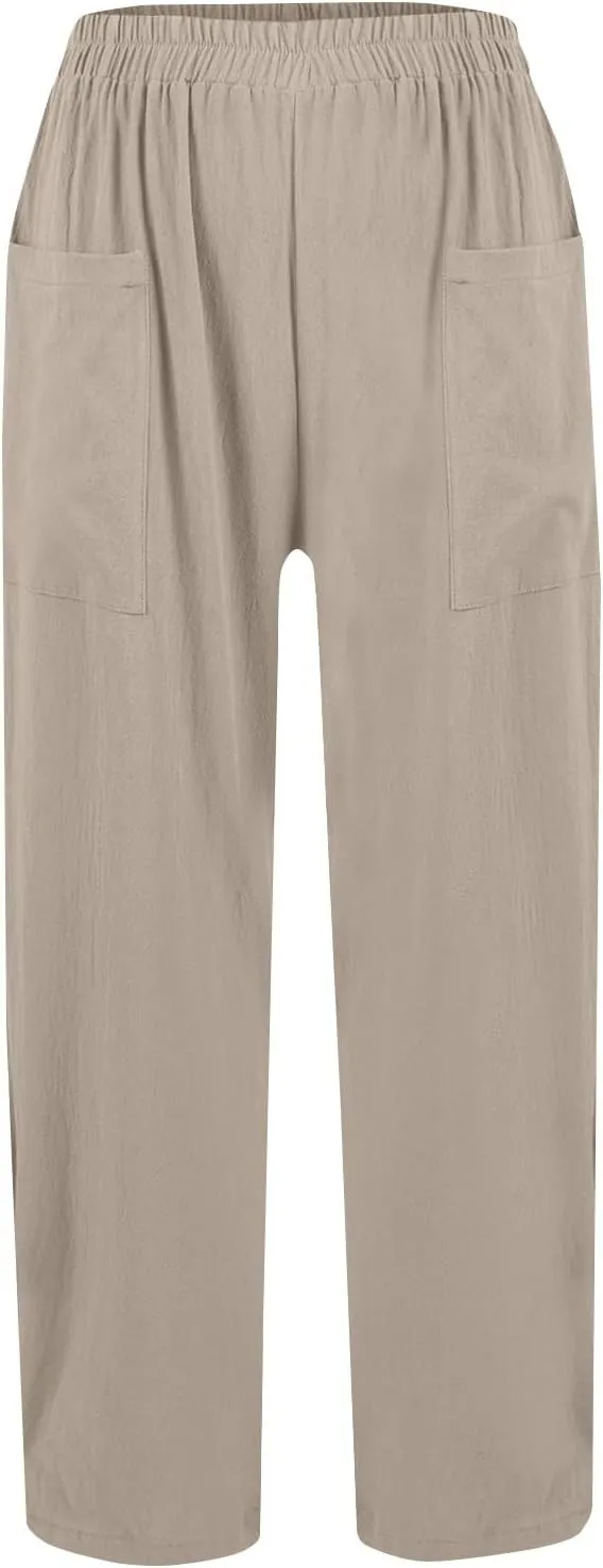 Women Linen Pants Summer High Waist Palazzo Pants Casual Wide Pant Comfy Tummy Control Trousers with Pockets (S-2Xl)