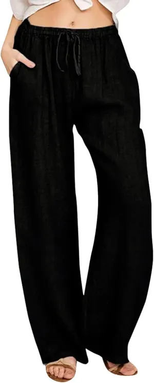 Women Linen Summer Casual Loose Palazzo Lounge Pants High Waist Bootcut Slim-Fit Pants Office