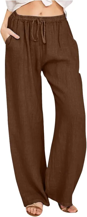 Women Linen Summer Casual Loose Pants Low Waist Long Lounge Loose Fit Trouser Office