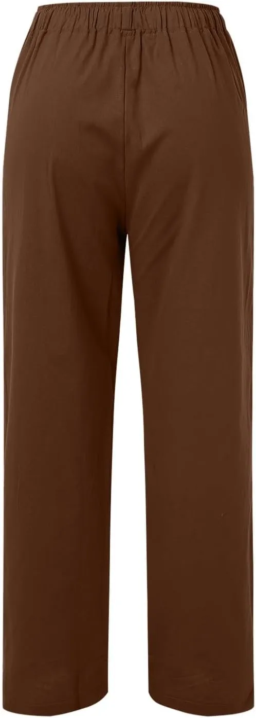 Women Linen Summer Casual Loose Pants Low Waist Long Lounge Loose Fit Trouser Office