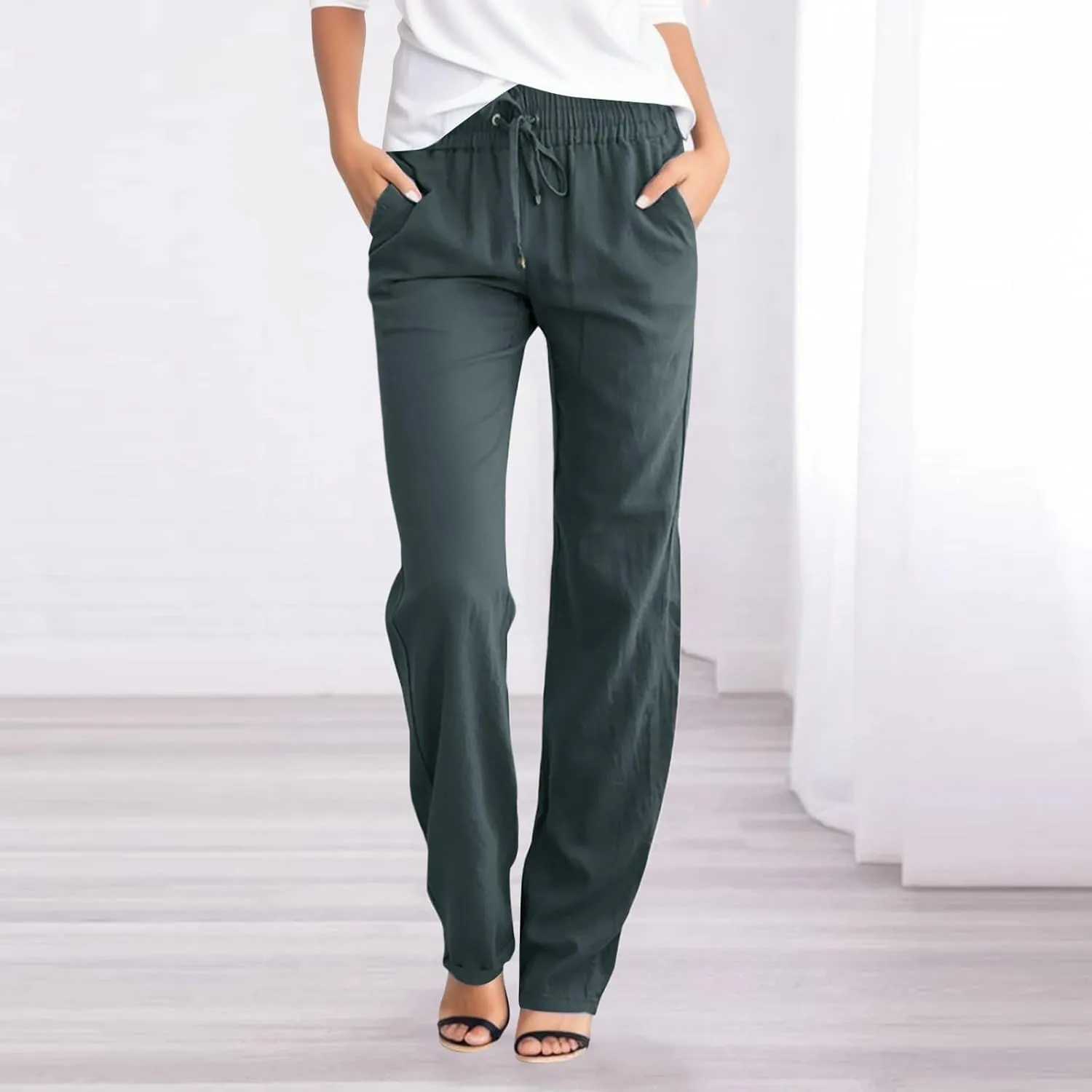 Women Linen Summer Tie Knot Palazzo Pants Low Waist Long Lounge Slim-Fit Palazzo Pants Travel