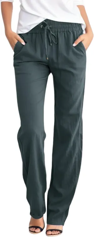 Women Linen Summer Tie Knot Palazzo Pants Low Waist Long Lounge Slim-Fit Palazzo Pants Travel
