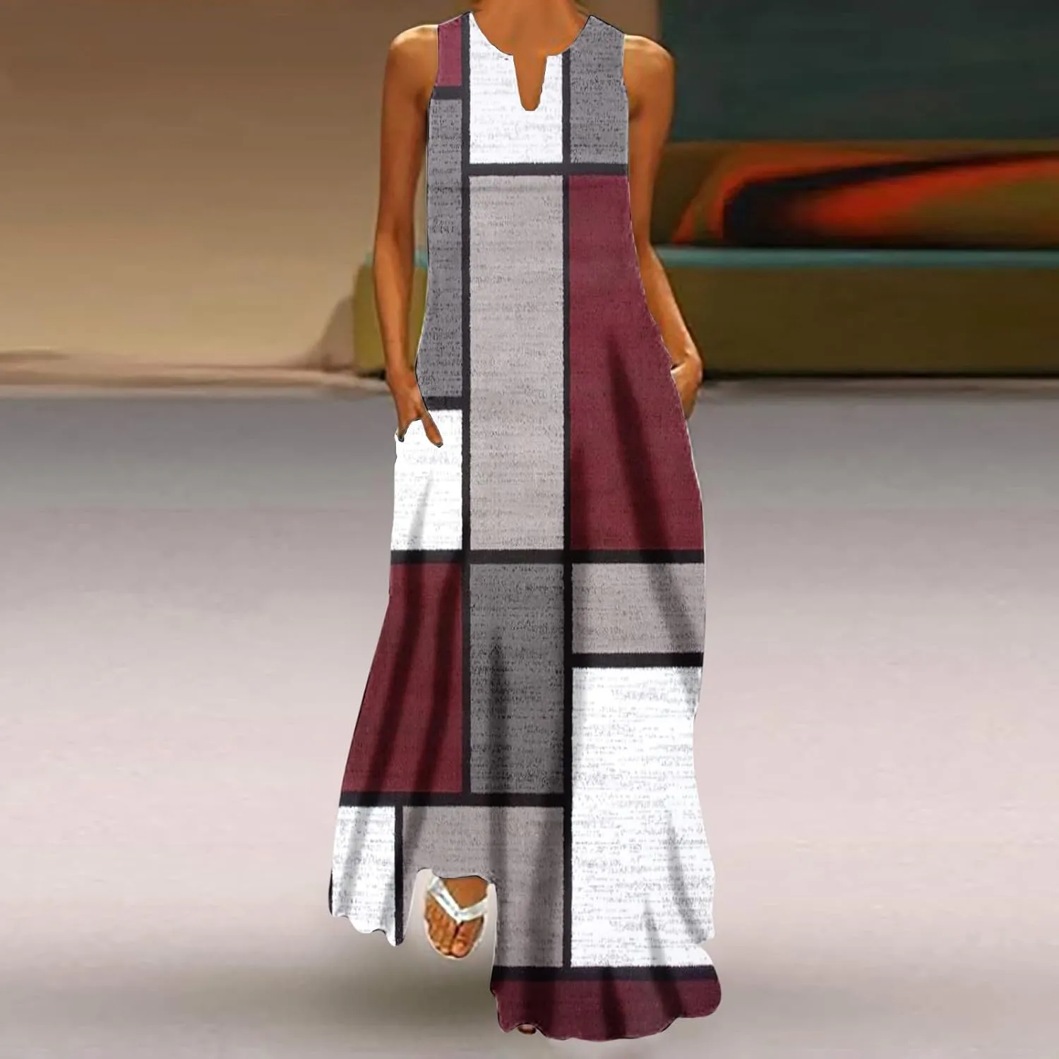 Women Loose Flowy Long Dresses Casual Printed Tank Dress Beach V-Neck Pocket Sundress Sleeveless Floor Length Dress