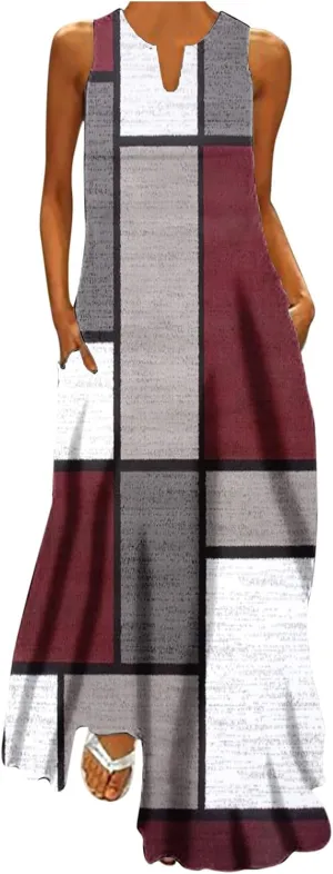 Women Loose Flowy Long Dresses Casual Printed Tank Dress Beach V-Neck Pocket Sundress Sleeveless Floor Length Dress