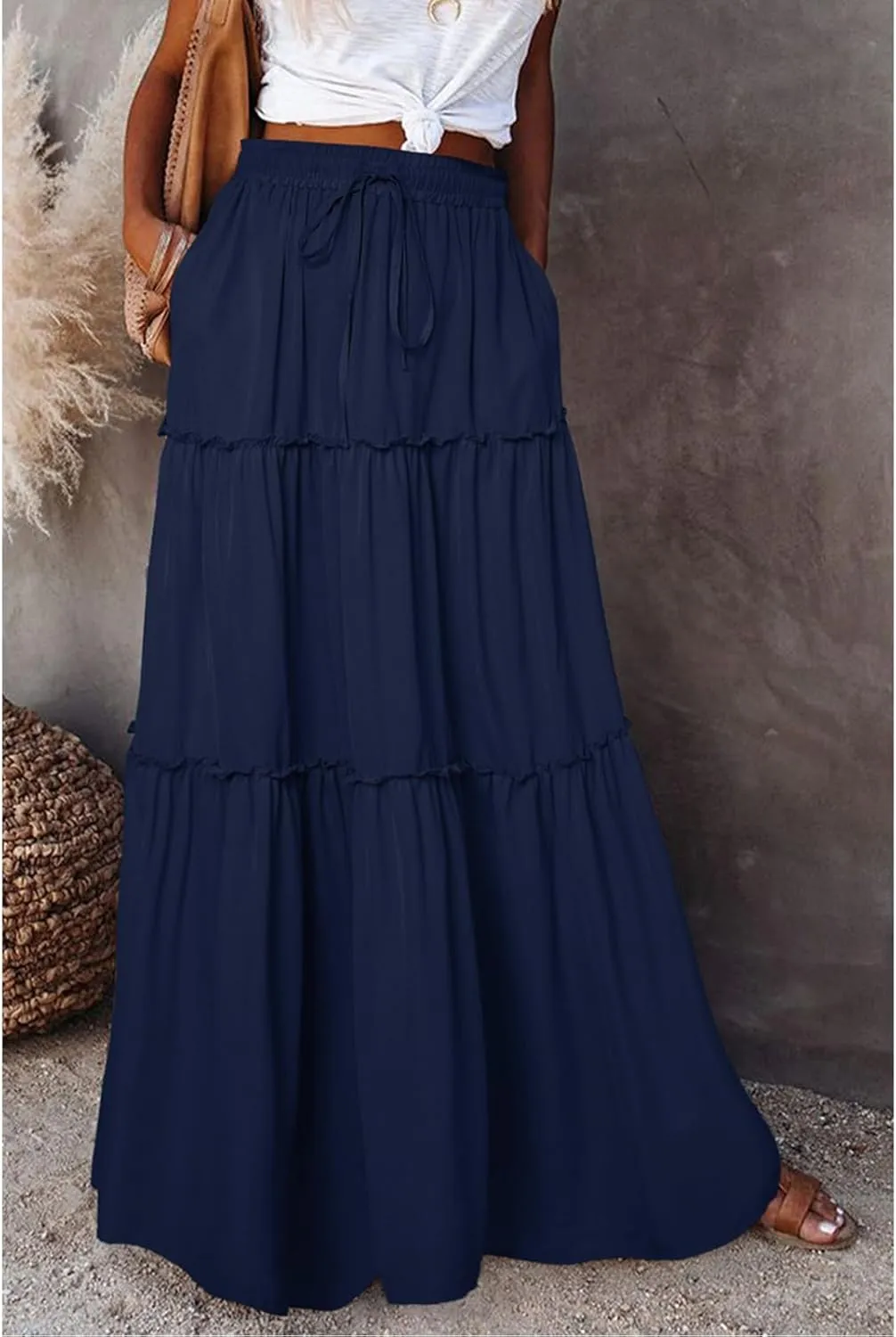 Women Maxi Skirt Casual High Waisted A Line Flowy Long Skirts Pleated Ruffle Tiered Boho Beach Skirts with Pockets