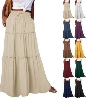 Women Maxi Skirt Casual High Waisted A Line Flowy Long Skirts Pleated Ruffle Tiered Boho Beach Skirts with Pockets