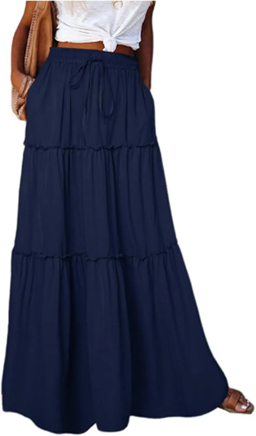 Women Maxi Skirt Casual High Waisted A Line Flowy Long Skirts Pleated Ruffle Tiered Boho Beach Skirts with Pockets