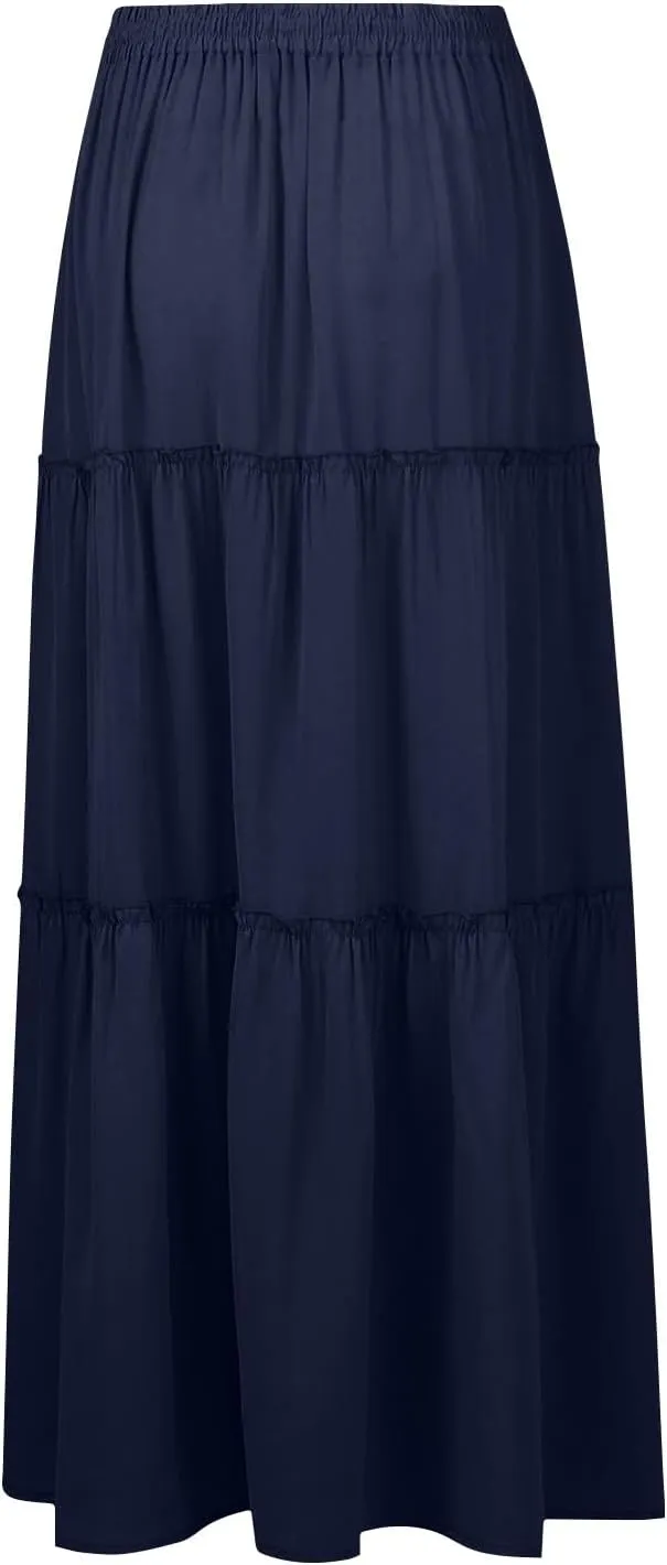 Women Maxi Skirt Casual High Waisted A Line Flowy Long Skirts Pleated Ruffle Tiered Boho Beach Skirts with Pockets