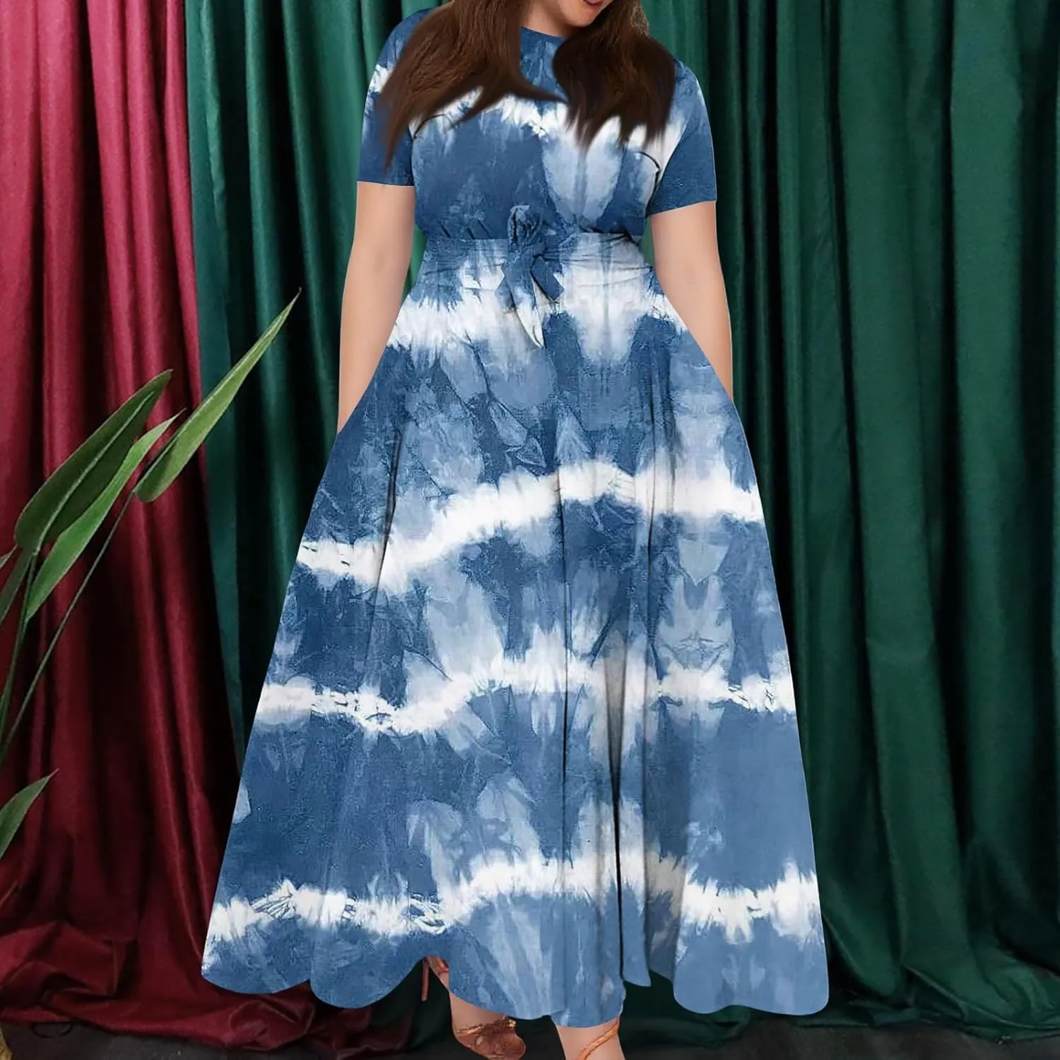 Women Plus Size Short Sleeve Dresses Summer Casual Maxi Dress Crew Neck Floral Flowy Beach A Line Dress with Pockets