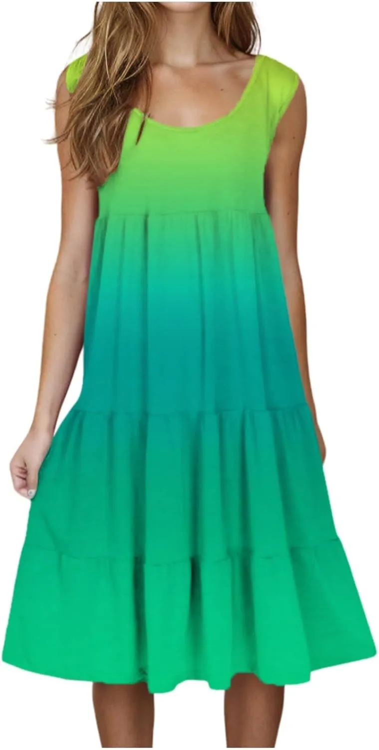 Women Ruffle Boho Tie Dye Dresses Color Block Babydoll Loose Swing Casual Beach Mini Tank Dress Plus Size Sundress