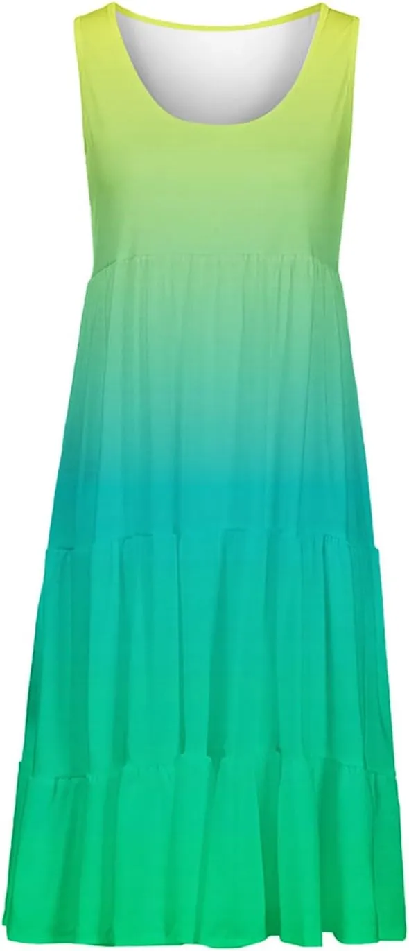Women Ruffle Boho Tie Dye Dresses Color Block Babydoll Loose Swing Casual Beach Mini Tank Dress Plus Size Sundress
