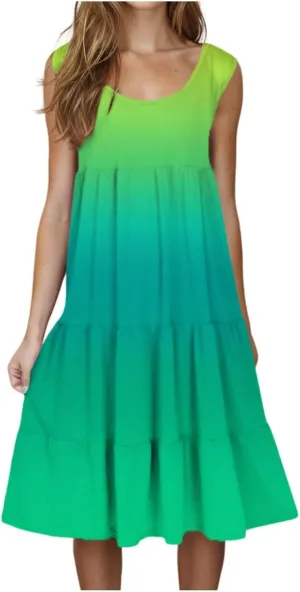 Women Ruffle Boho Tie Dye Dresses Color Block Babydoll Loose Swing Casual Beach Mini Tank Dress Plus Size Sundress