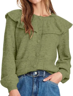 Women Ruffle Collar Button Down Cardigan Sweater Open Front Long Sleeve Knit Sweater Pullovers Top with Pockets