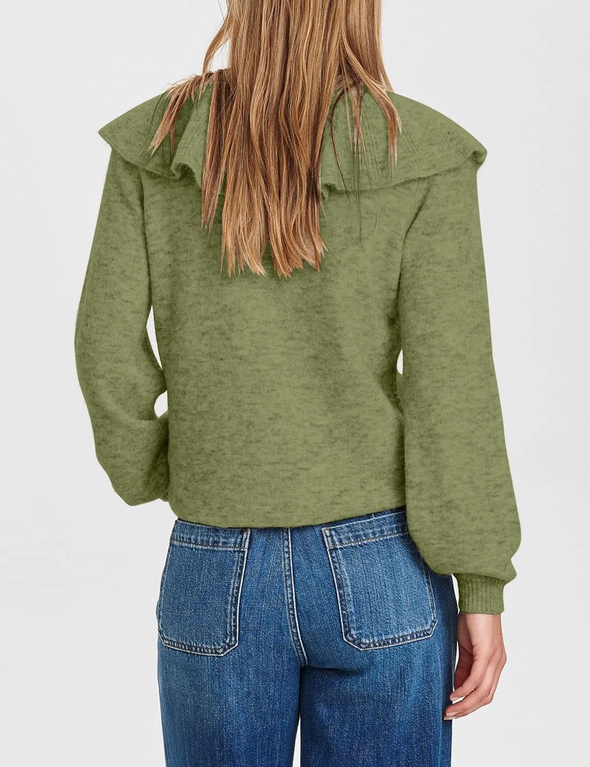 Women Ruffle Collar Button Down Cardigan Sweater Open Front Long Sleeve Knit Sweater Pullovers Top with Pockets