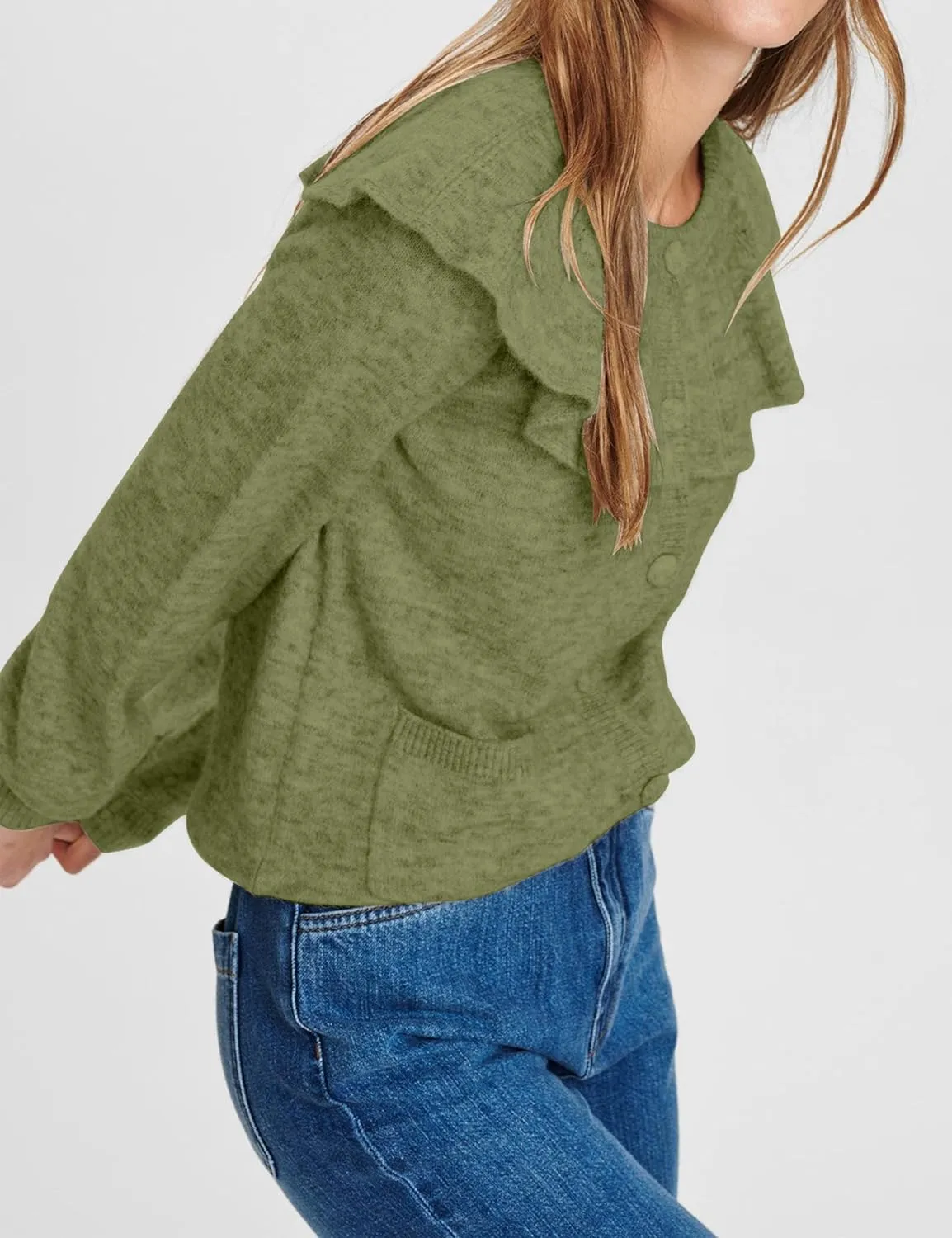 Women Ruffle Collar Button Down Cardigan Sweater Open Front Long Sleeve Knit Sweater Pullovers Top with Pockets