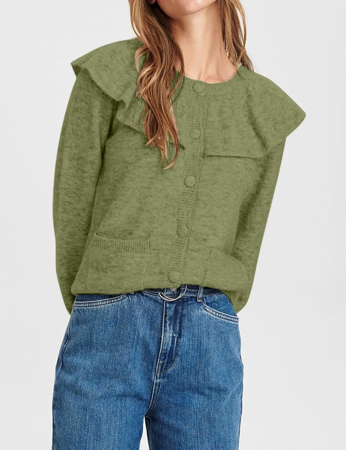 Women Ruffle Collar Button Down Cardigan Sweater Open Front Long Sleeve Knit Sweater Pullovers Top with Pockets