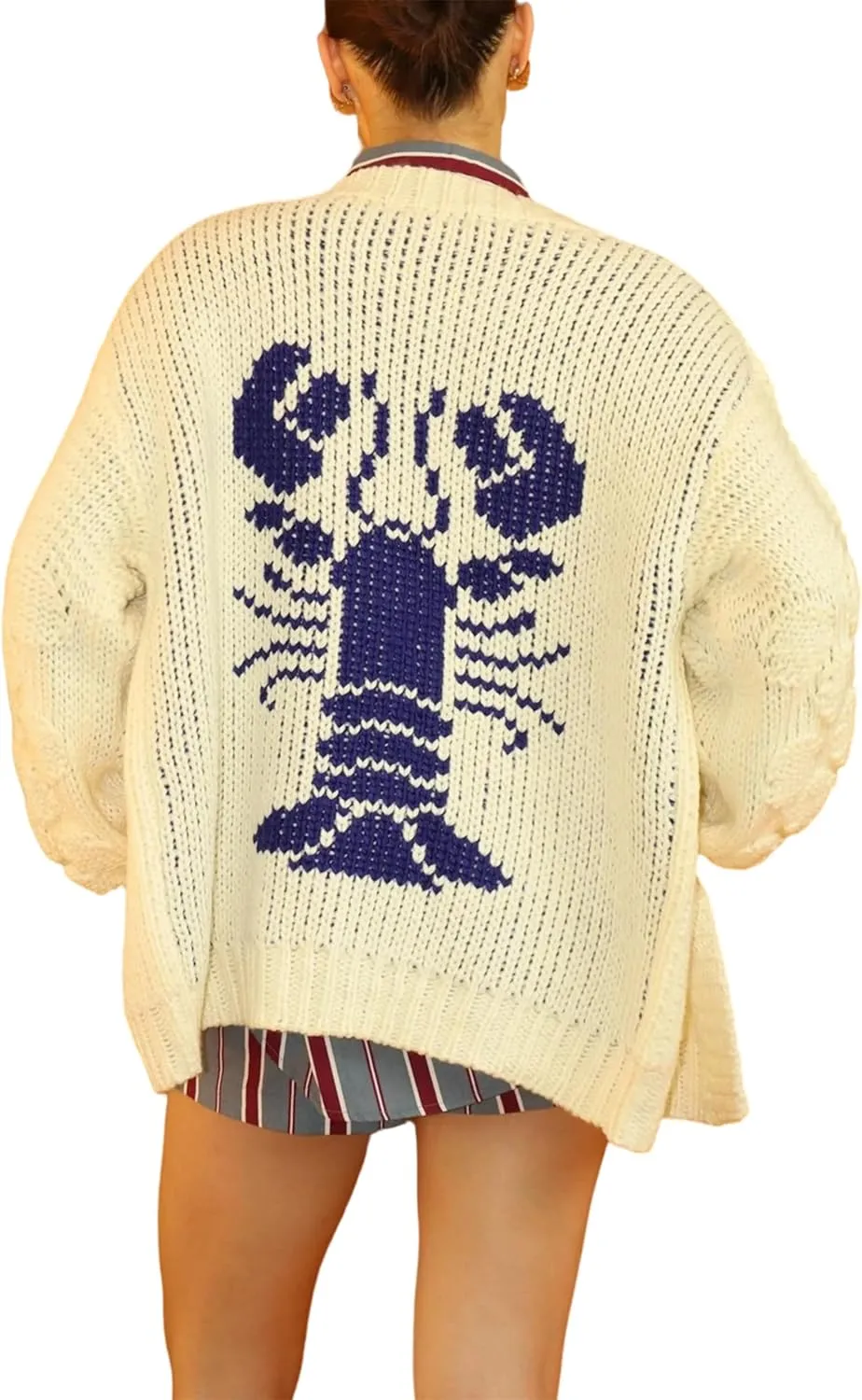 Women Shawl Collar Cardigan Sweater Lobster Print Long Sleeve Button Down Jumper Tops Vintage Chunky Knit Coat