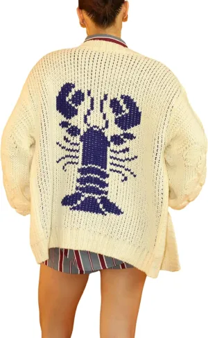 Women Shawl Collar Cardigan Sweater Lobster Print Long Sleeve Button Down Jumper Tops Vintage Chunky Knit Coat