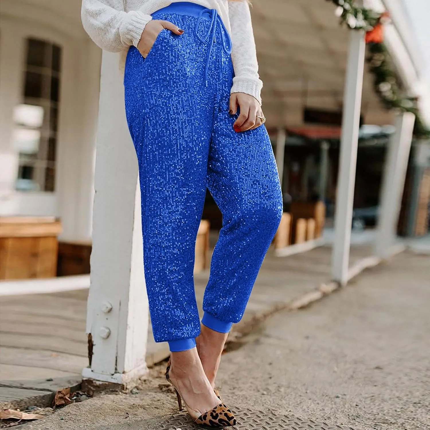 Women Sparkly Flared Leg Pants Cloth High Sequin Women Foot Sexy Pants Fashion Waisted Tape Trousers Night Out